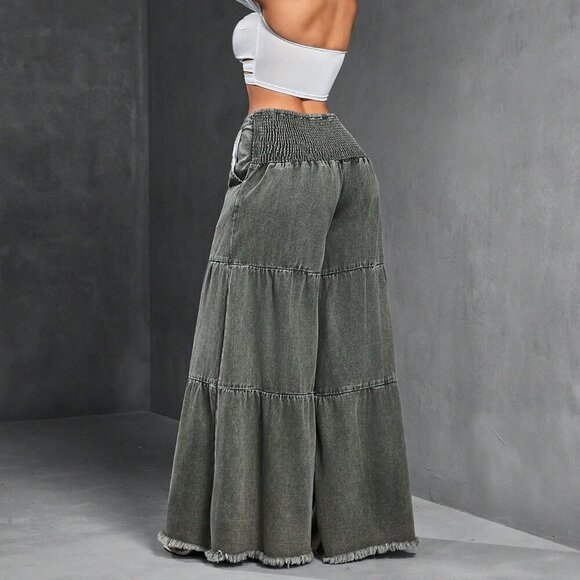 Army Green Women's Loose Boyfriend Style Distressed Hem Patchwork Denim Jeans - Picture 9 of 9